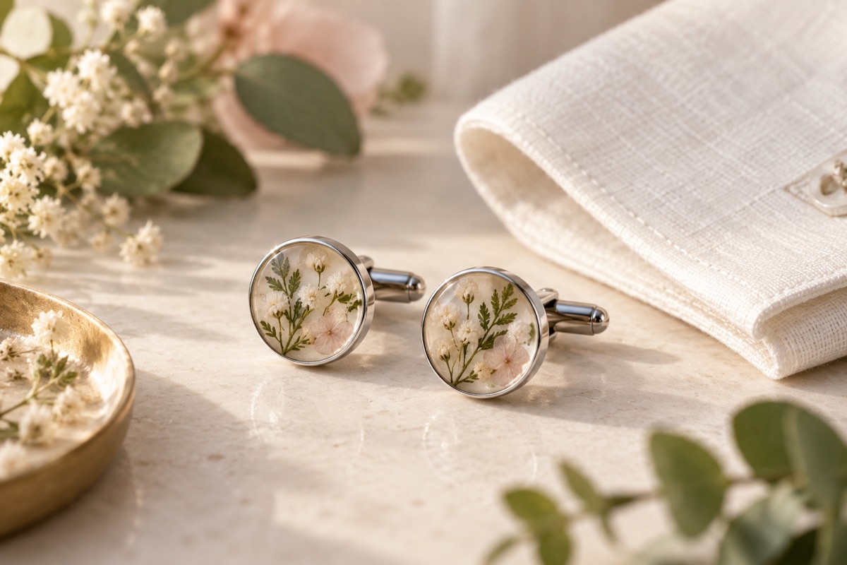 AI design concept for memorial cufflinks, not a photograph of a finished Resinista product