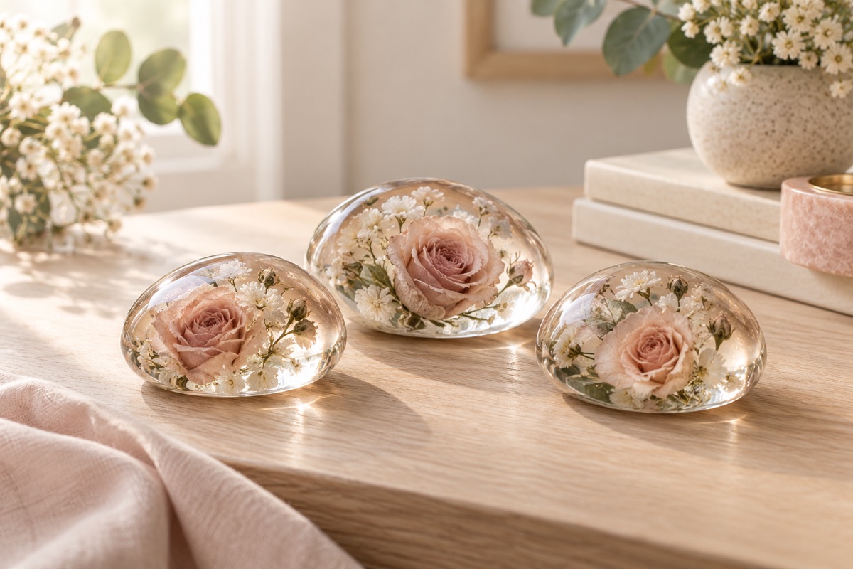 AI design concept for preserved flower pebbles, not a photograph of a finished Resinista product